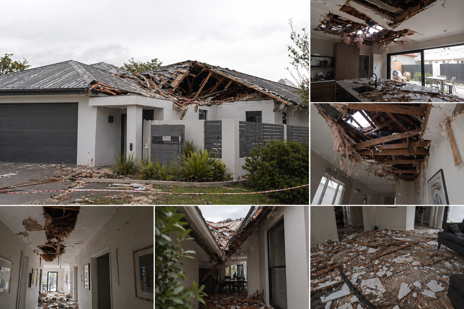 Storm damaged roof and interior